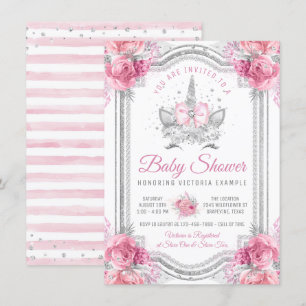 Invitation Baby shower Unicorn de diamants d'argent rose