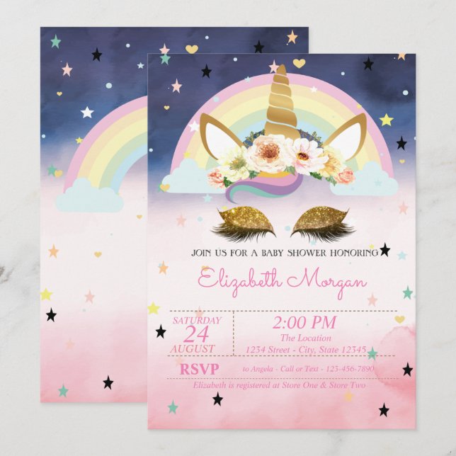 Invitation Baby shower Unicorn Floral Rainbow Ombre (Devant / Derrière)