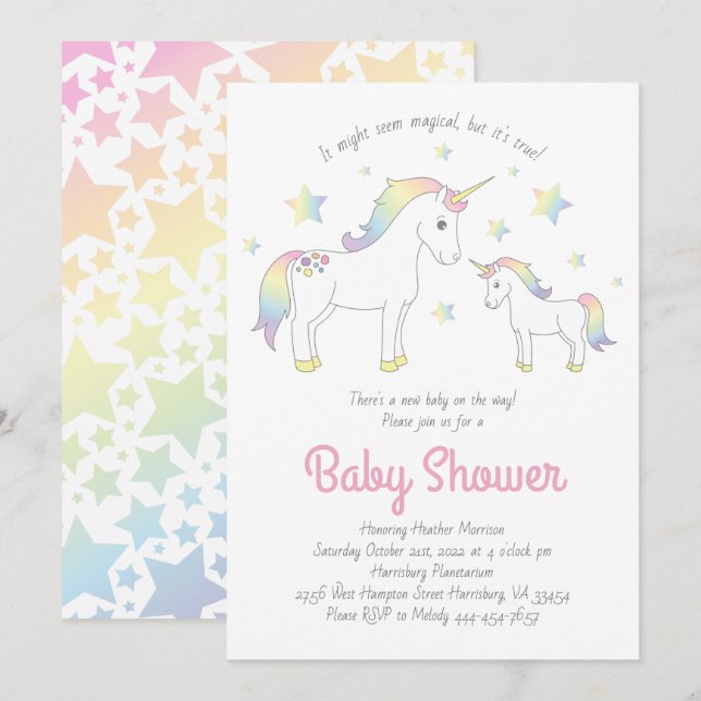 Invitation Baby shower Unicorn mignon (Devant / Derrière)