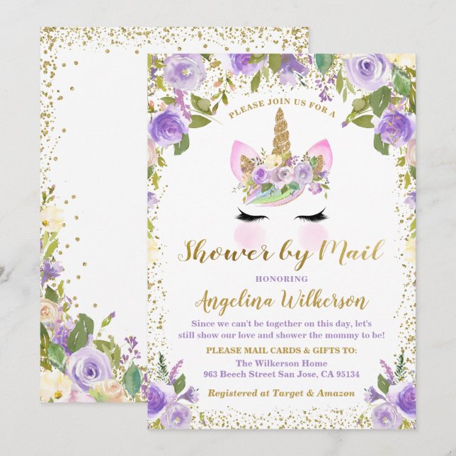 Invitation Baby shower Unicorn Par Mail Gold Purple Floral (Devant / Derrière)