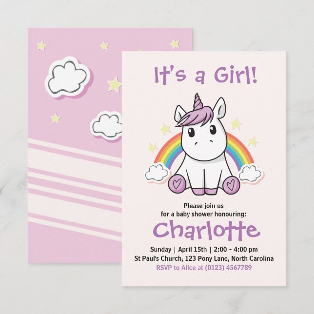 Invitation Baby shower Unicorne (Devant / Derrière)