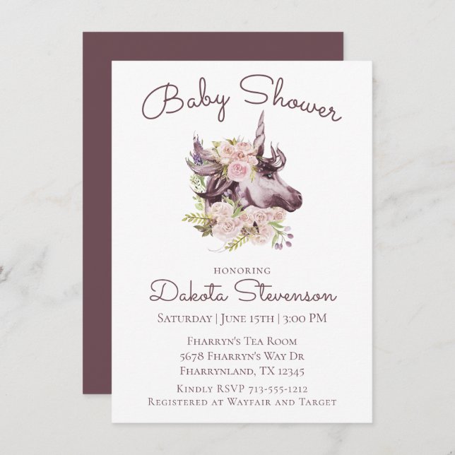 Invitation Baby shower Unicorne de Bohême | Floral Boho de vi (Devant / Derrière)