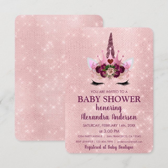 Invitation Baby shower Unicorne Fille Blush Pink Sparkle (Devant / Derrière)
