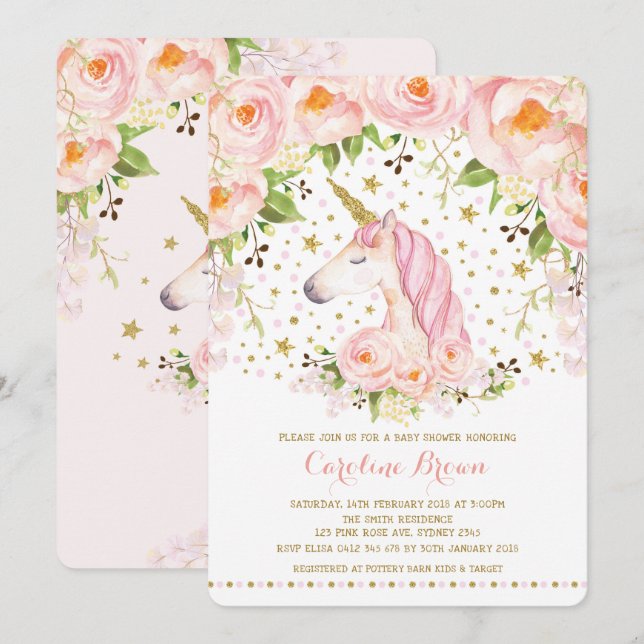Invitation Baby shower Unicorne Floral Rose rose vif (Devant / Derrière)