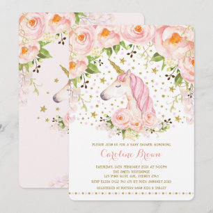 Invitation Baby shower Unicorne Floral Rose rose vif