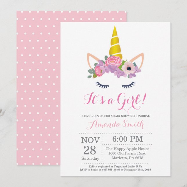 Invitation Baby shower Unicorne Florale (Devant / Derrière)