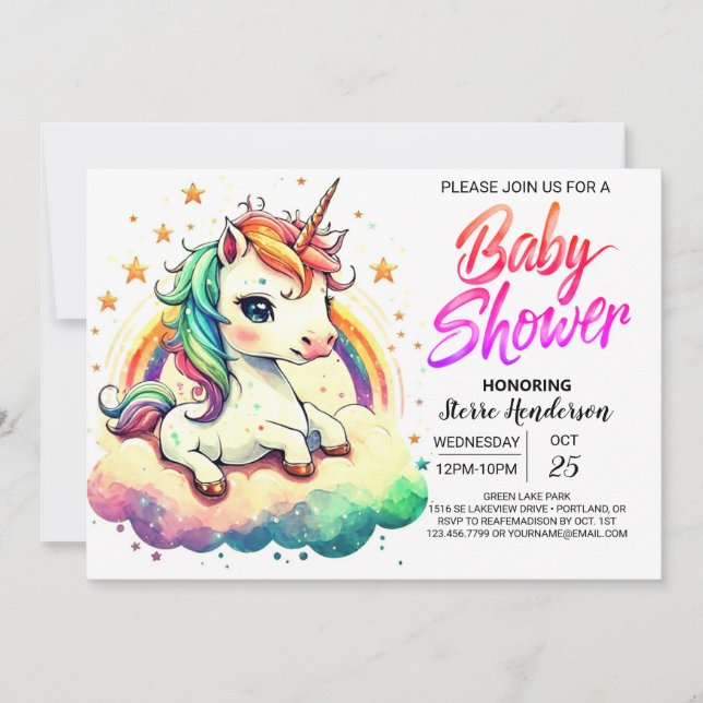 Invitation Baby shower Unicorne modifiable Rainbow Cute (Devant)