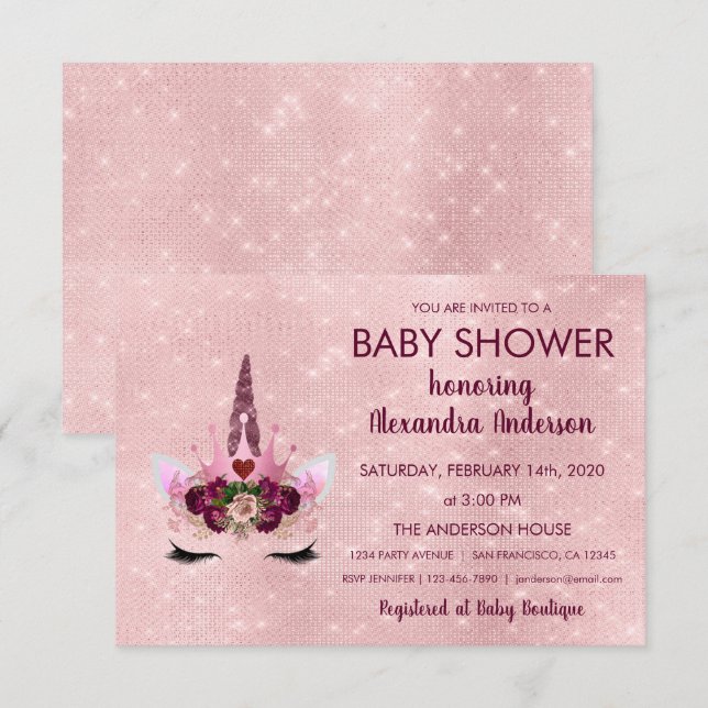 Invitation Baby shower Unicorne Rose de fille (Devant / Derrière)