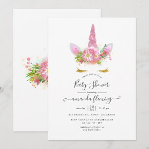 Invitation Baby shower Unicorne rose et or