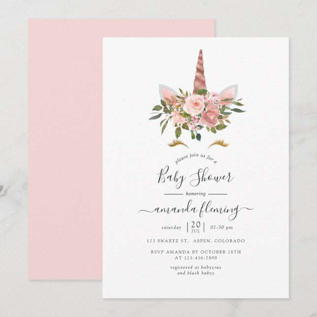 Invitation Baby shower Unicorne rose et Rose or bleu (Devant / Derrière)