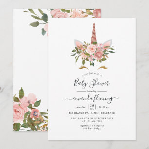 Invitation Baby shower Unicorne rose et Rose or bleu
