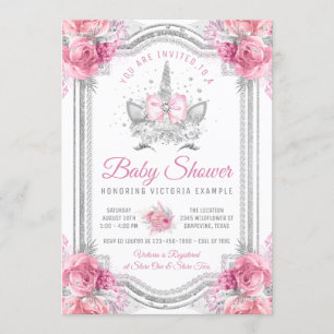 Invitation Baby shower Unicorne rose gris argent