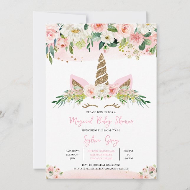Invitation Baby shower Unicorne rose or (Devant)