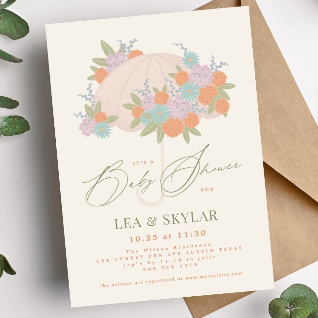 Invitation Baby shower Unisex Neutre Parapluie Floral (Créateur téléchargé)