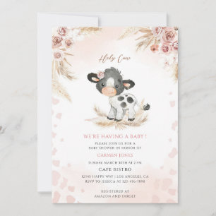 Invitation Baby-Shower Vache Fleur Rose