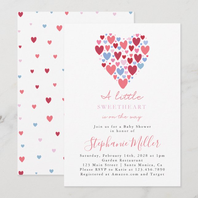 Invitation Baby shower Valentin rose et bleu coeur (Devant / Derrière)