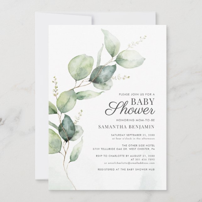 Invitation Baby shower végétal Eucalyptus (Devant)