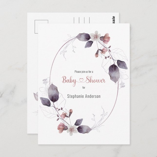 Invitation Baby shower végétal rose de Mauve (Devant / Derrière)