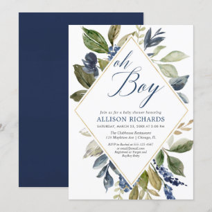 Invitation Baby shower verdoyant, bleu marine feuillage vert 