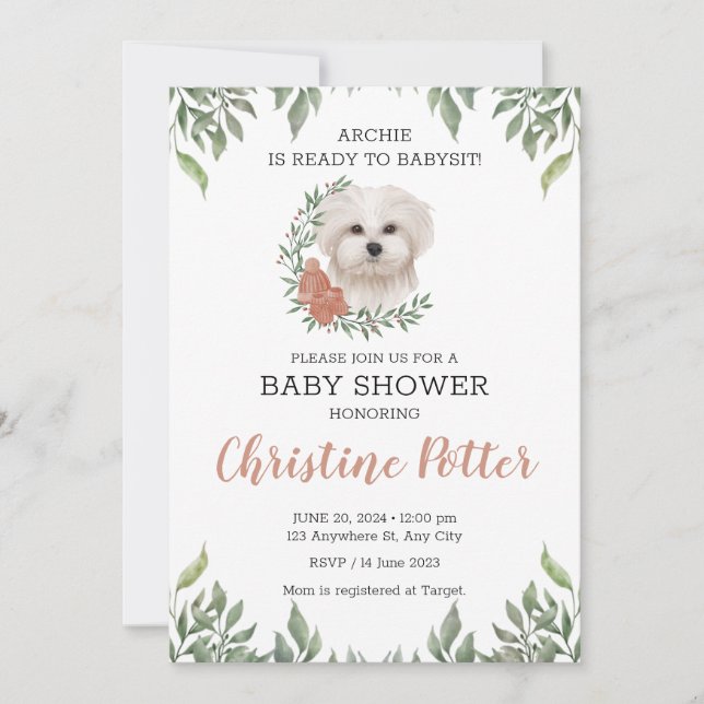 Invitation Baby shower verdoyant de fille de chien maltais Bo (Devant)