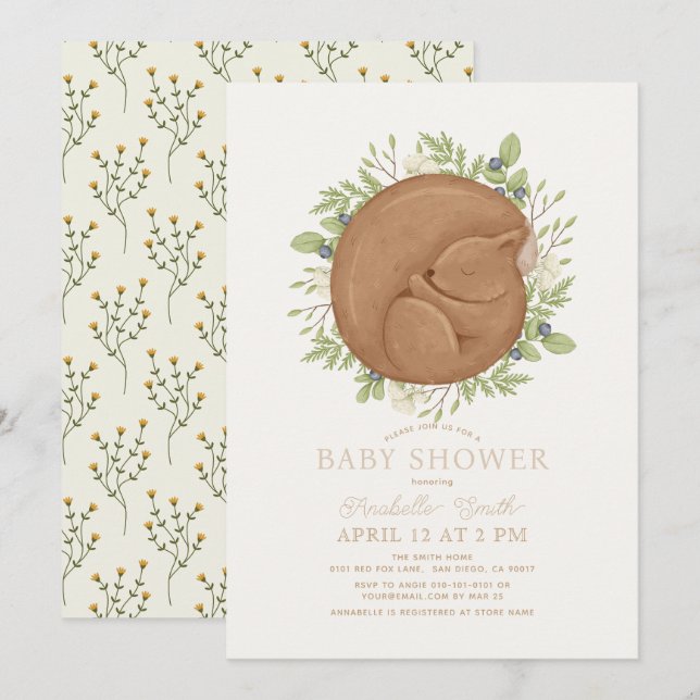 Invitation Baby shower verdoyant d'écureuil couchant (Devant / Derrière)