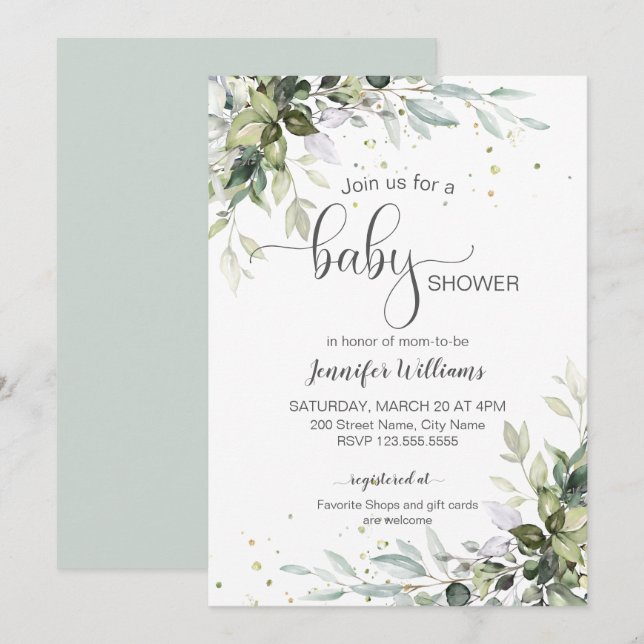Invitation baby shower verdoyant et eucalyptus (Devant / Derrière)