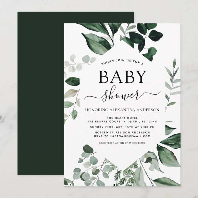 Invitation Baby shower verdure Botanique Aquarelle Invitati (Devant / Derrière)