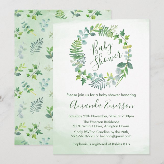 Invitation Baby shower verdure Wreath Botanique (Devant / Derrière)