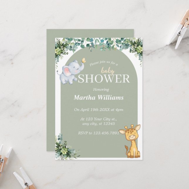 Invitation Baby shower vert animal Neutre (Devant/Arrière en situation)