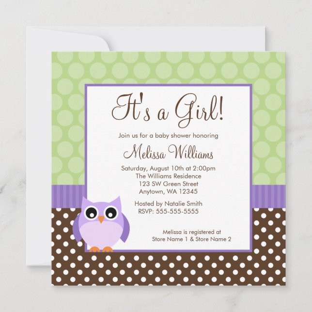 Invitation Baby shower vert Brown de fille de point de polka (Devant)