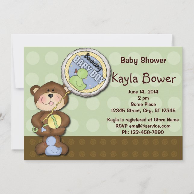 Invitation Baby shower vert Brown Teddy Bear Boy (Devant)