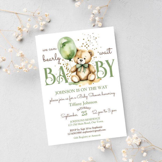 Invitation Baby shower vert brun brun à l'ours en peluche (Teddy bear bearly wait baby shower template invitation instant download sage green gold brown)