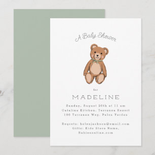 Invitation Baby shower vert classique Teddy Bear Sage