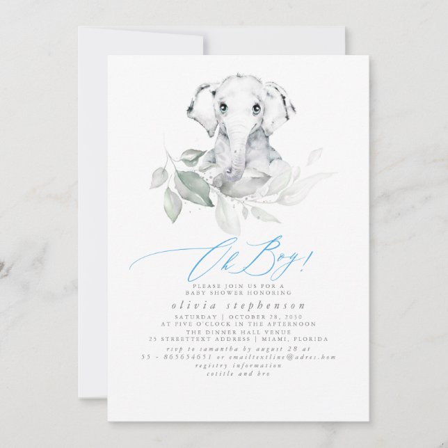 Invitation Baby shower vert d'aquarelle éléphant pour garçon (Devant)