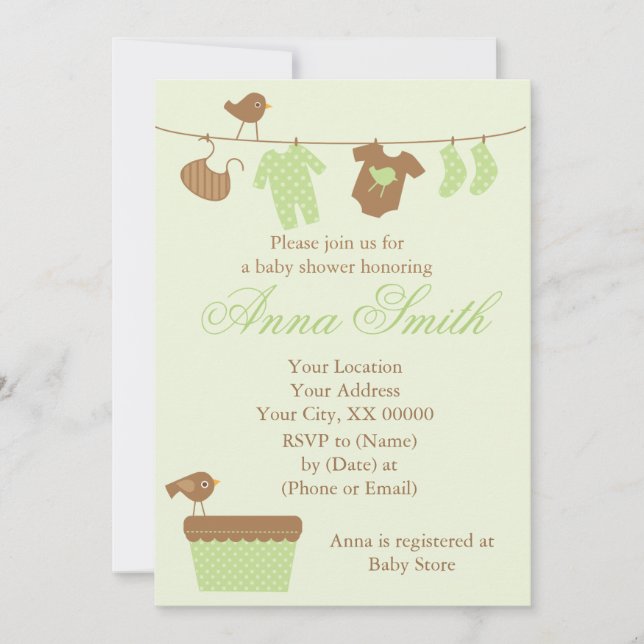 Invitation Baby shower vert de corde à  linge (Devant)