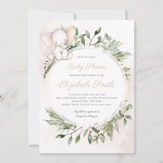 Invitation Baby shower vert de la fille éléphante d'arachide (Devant)