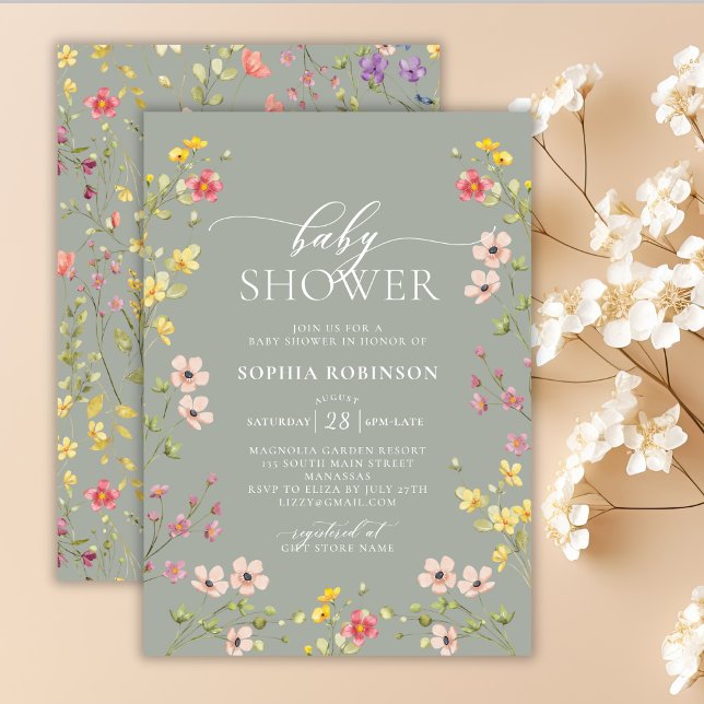 Invitation Baby shower vert de la fille Fleur sauvage de Bohê (Créateur téléchargé)
