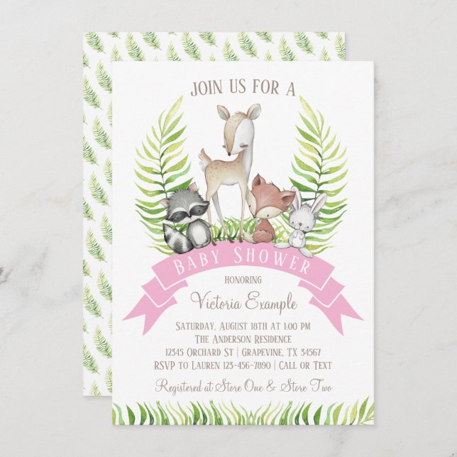 Invitation Baby shower vert de la forêt de filles (Devant / Derrière)
