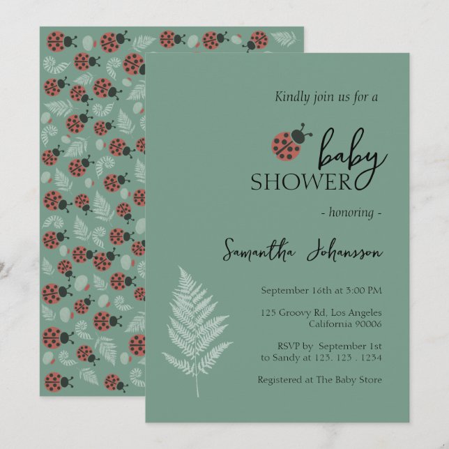 Invitation Baby shower vert de la forêt de Ladybugs (Devant / Derrière)