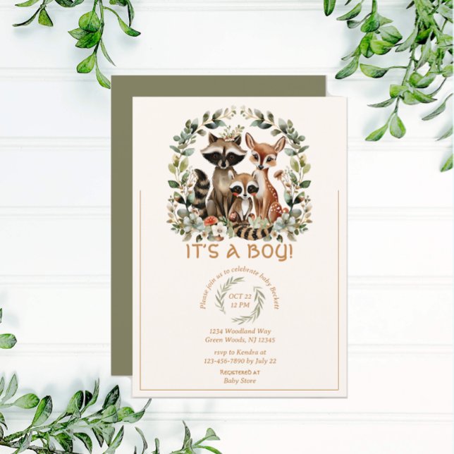 Invitation Baby shower vert de la forêt de Raccoon de Woodlan (Créateur téléchargé)