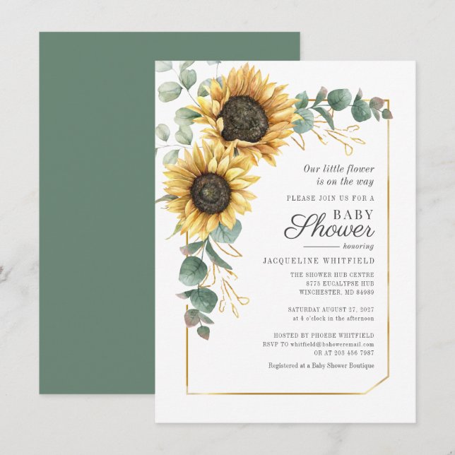 Invitation Baby shower vert de tournesol floral Eucalyptus (Devant / Derrière)