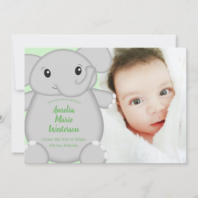 Invitation Baby shower vert éléphant (Devant)