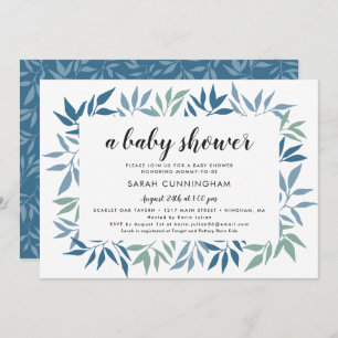 Invitation Baby shower vert encadré Feuille bleu et vert