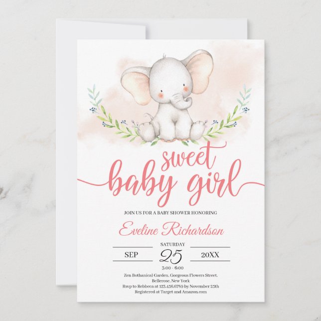 Invitation Baby shower vert et éléphant doux pour petite fill (Devant)