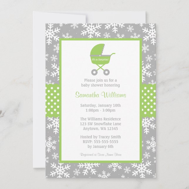 Invitation Baby shower vert et gris de flocons de neige de (Devant)
