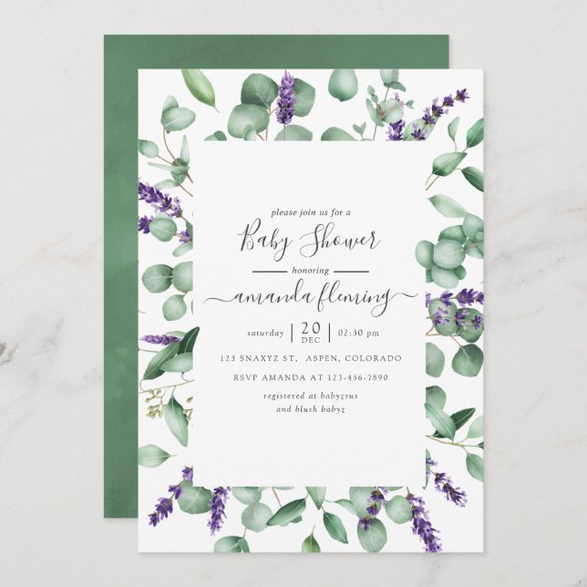 Invitation Baby shower vert Eucalyptus Lavender (Devant / Derrière)