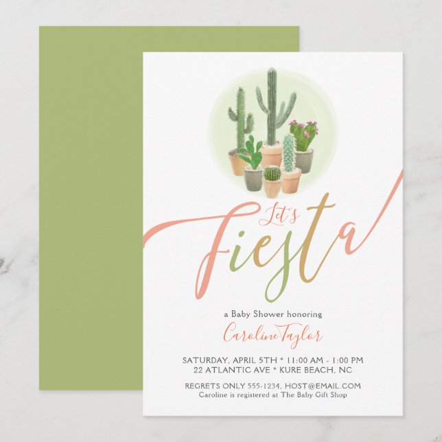 Invitation Baby shower vert Fiesta Cactus Coral Sage (Devant / Derrière)