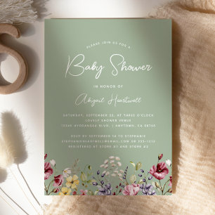 Invitation Baby shower vert Fleur sauvage Sage