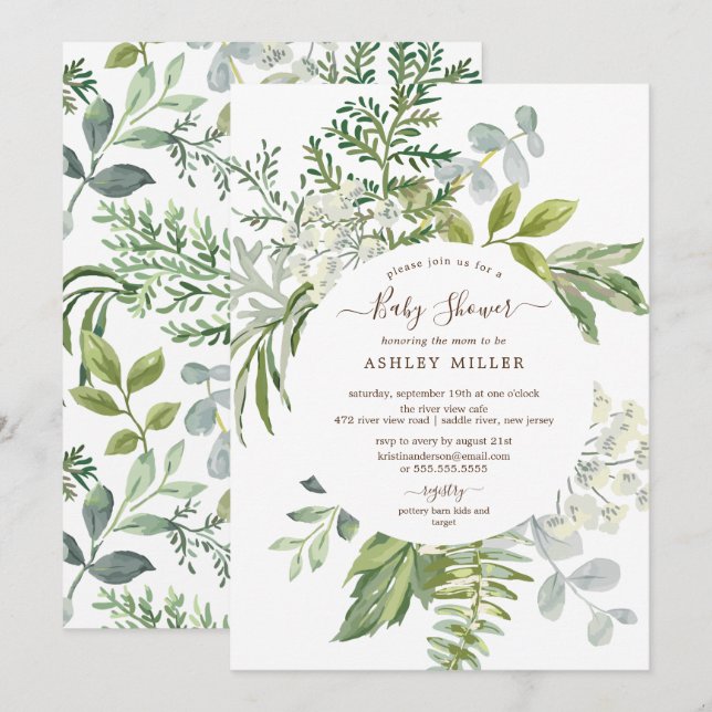 Invitation Baby shower vert forestier Neutre (Devant / Derrière)