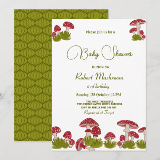 Invitation Baby shower vert Goblincore Fly Mushrooms